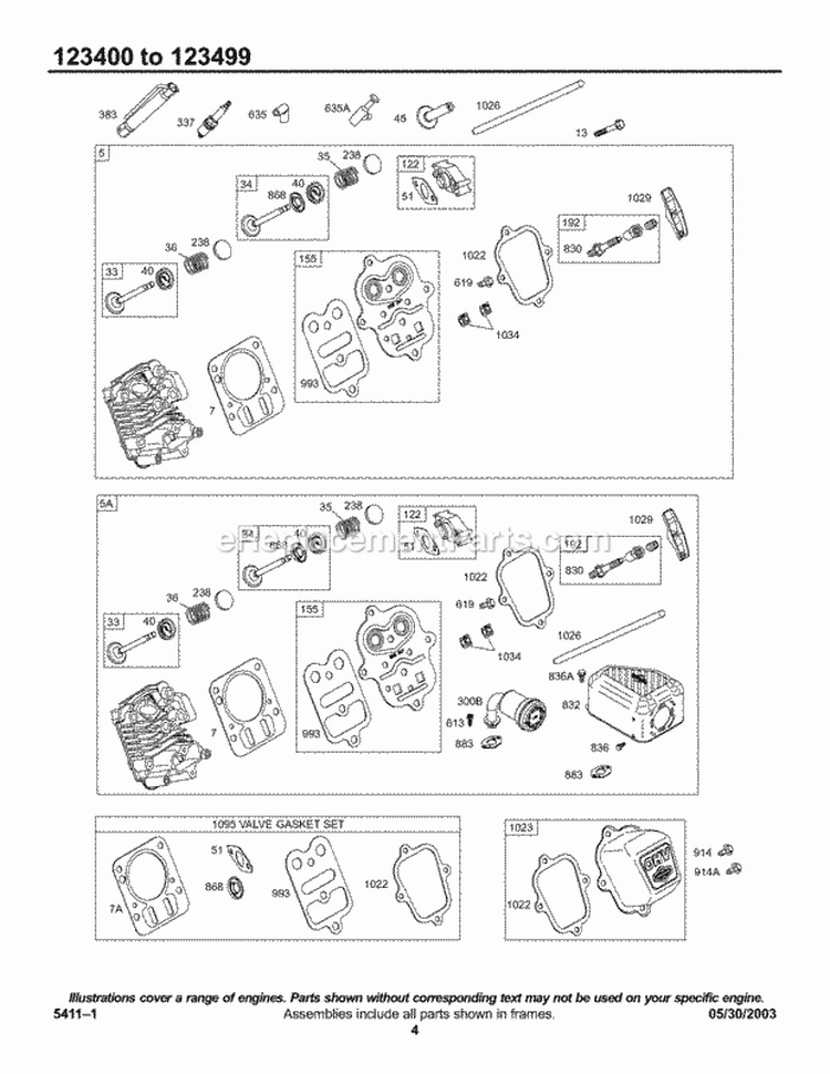 Head Group Diagram and Parts List for 123435-0168-E1  Briggs and Stratton Engine